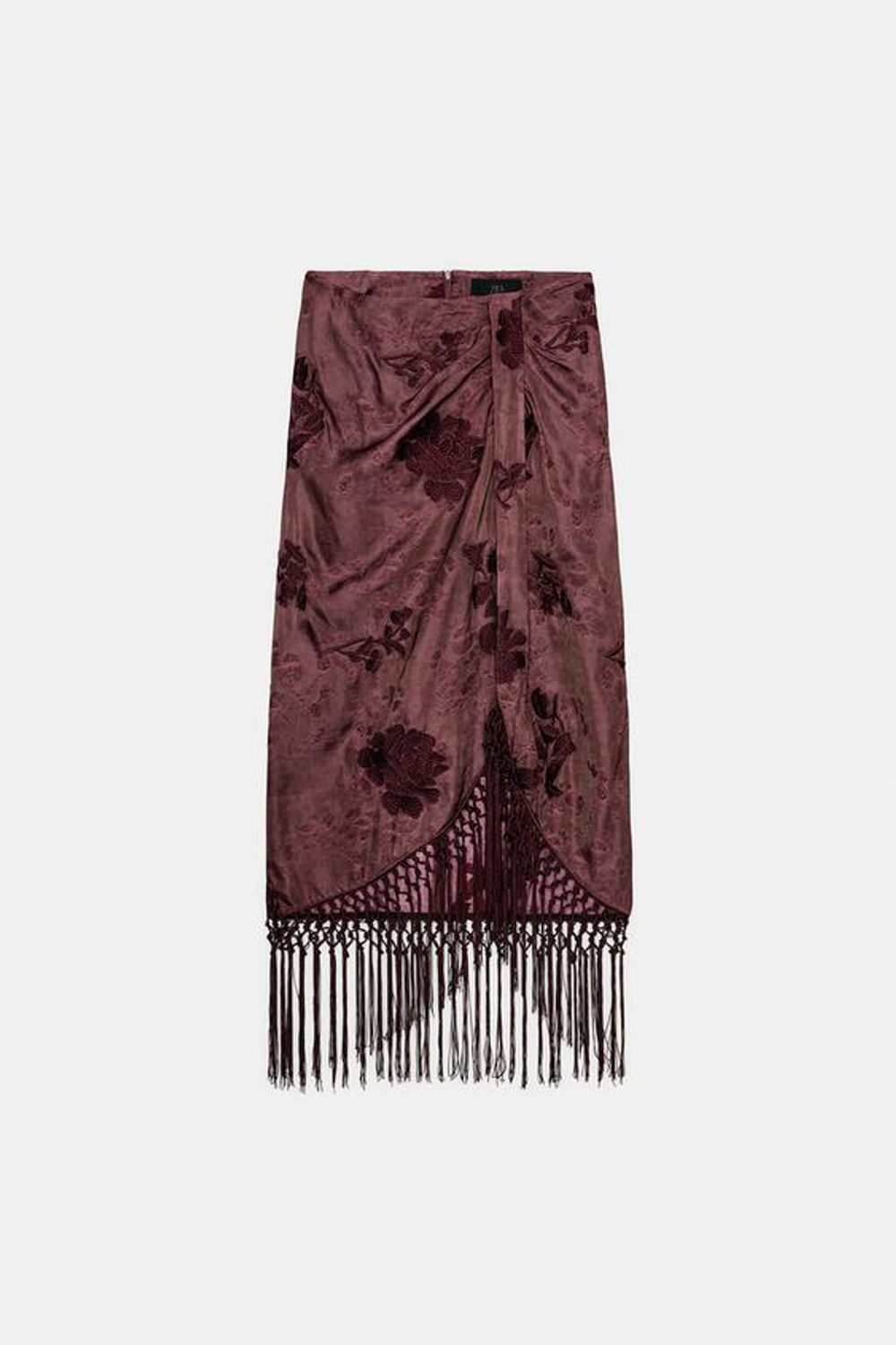 ZARA ЮБКА-ПАРЕО С ВЫШИВКОЙ И БАХРОМОЙ, БУРГУНДИ