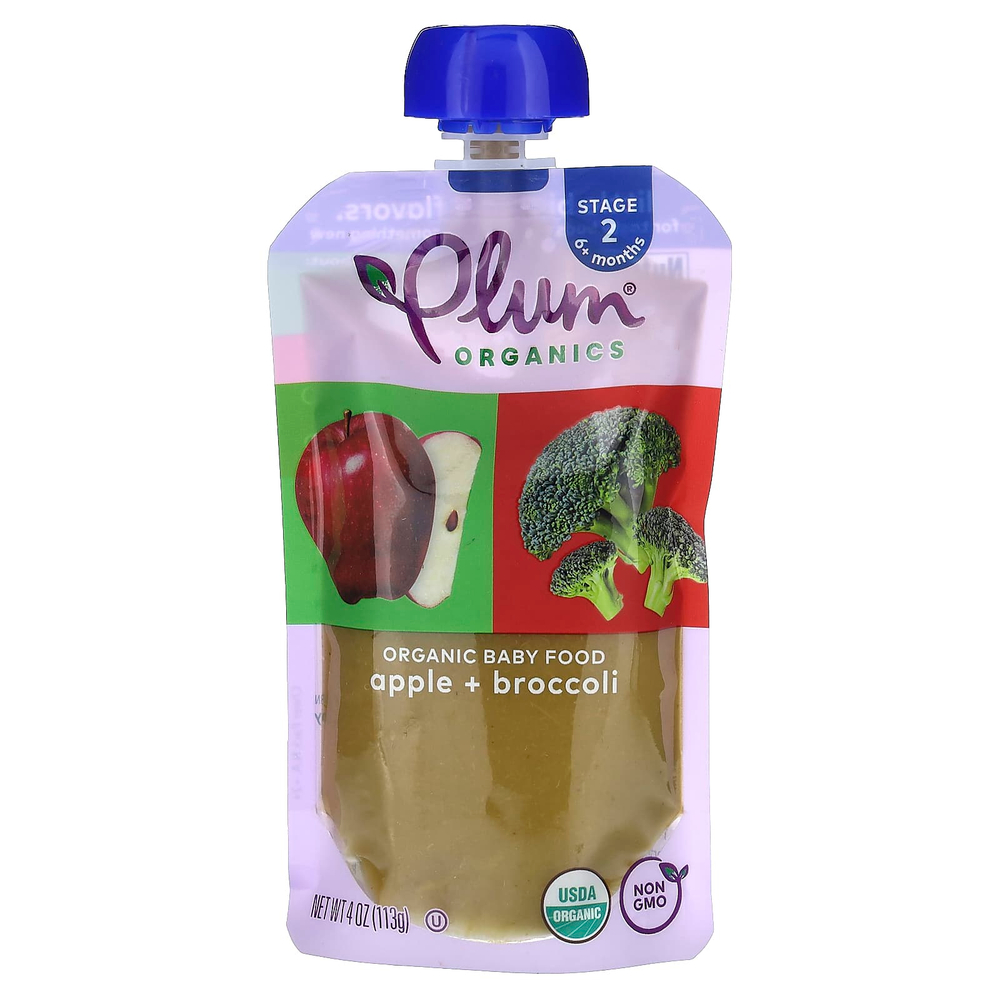 Plum Organics, органическое детское питание, для детей от 6 месяцев, яблоко и брокколи, 4 пакетика по 113 г (4 унции)