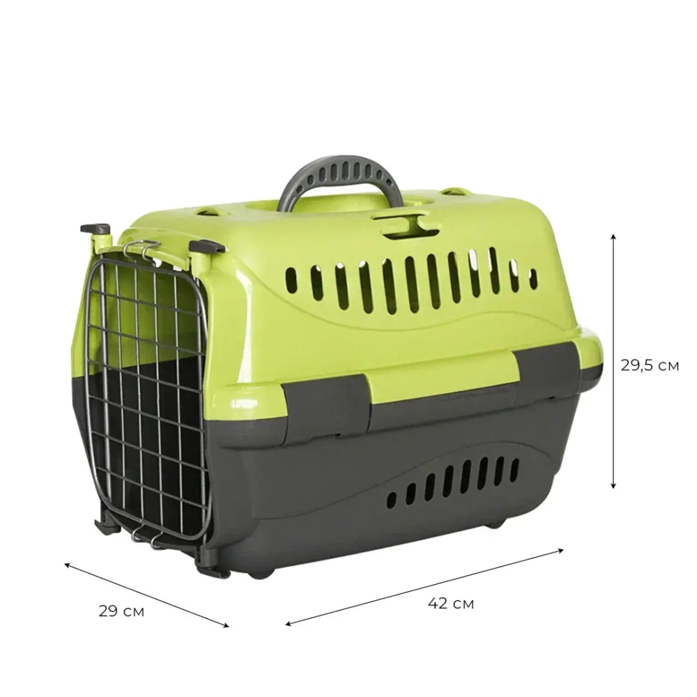 Переноска пластиковая ZOOEXPRESS "Турне" с металлической дверцей - 42х29х29,5 см (S) - зеленая