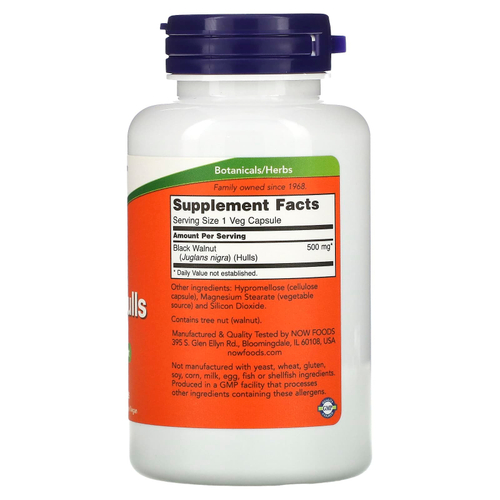 NOW Foods, скорлупа черного ореха, 500 мг, 100 вегетарианских капсул