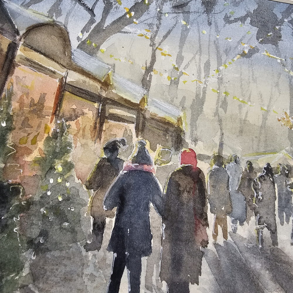 Картина авторская акварельная в паспарту 30х40 см на стену для интерьера "Предновогодняя ярмарка"