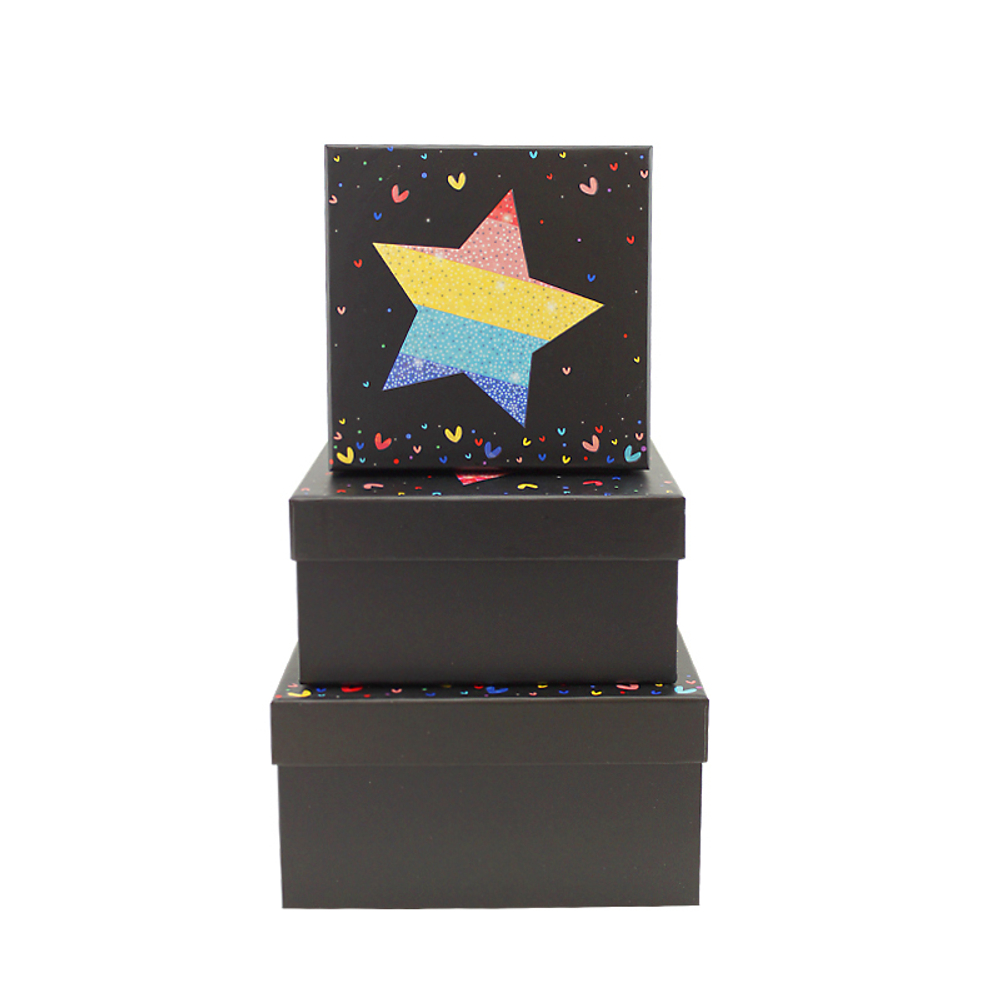 Коробка 3 20*20*10,5 см"Звездочки на черном" Тиснение фольгой