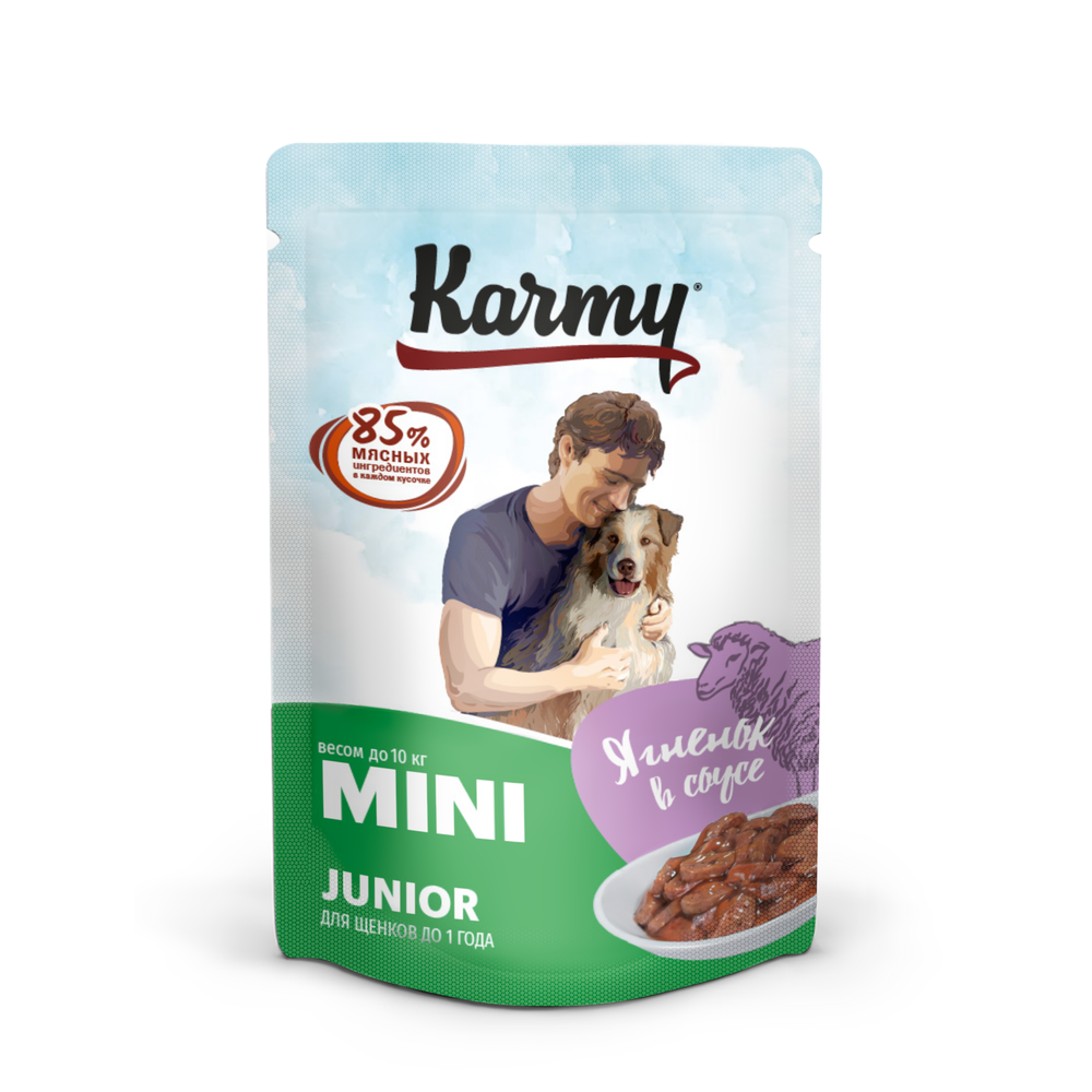 Паучи Karmy Mini Junior мясные кусочки в соусе для щенков мелких пород до 1 года Ягненок 80 г