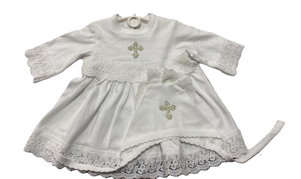 Платье для крещения на девочку с длинным рукавом с чепчиком на рост 80см