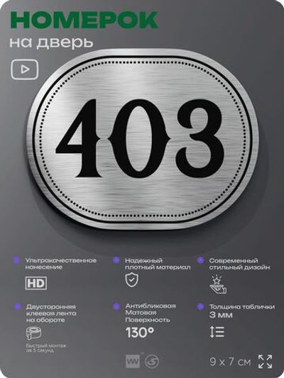 Номерок на дверь квартиры 403, для кабинета, офиса, шильдик 9 х 7 см, брашированная сталь, Айдентика Технолоджи