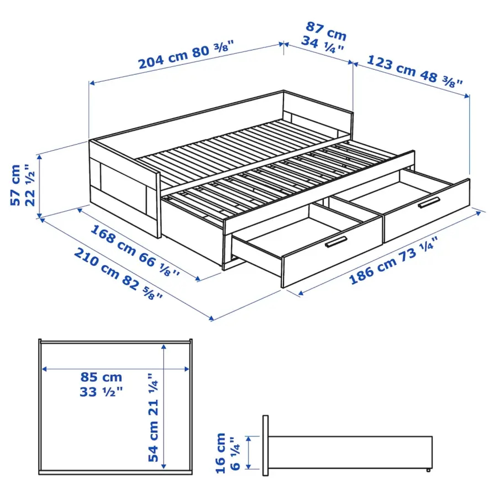 Кушетка с 2 ящиками - IKEA BRIMNES/БРИМНЕС ИКЕА, 57х205х86 см, белый