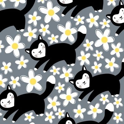 Котики и цветы на сером фоне (детский фон)