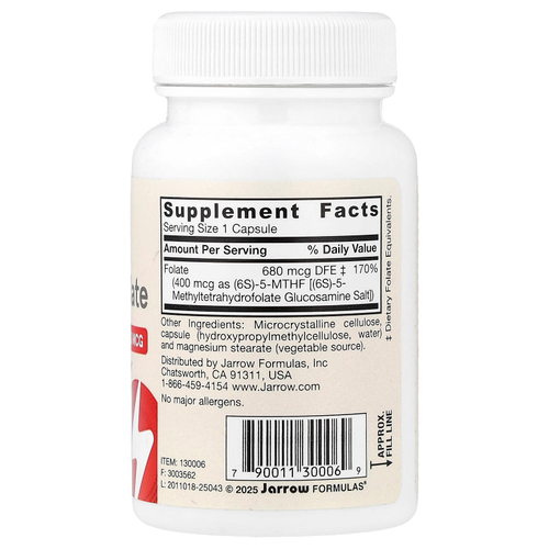 Jarrow Formulas, веганский метилфолат, 400 мкг, 60 растительных капсул