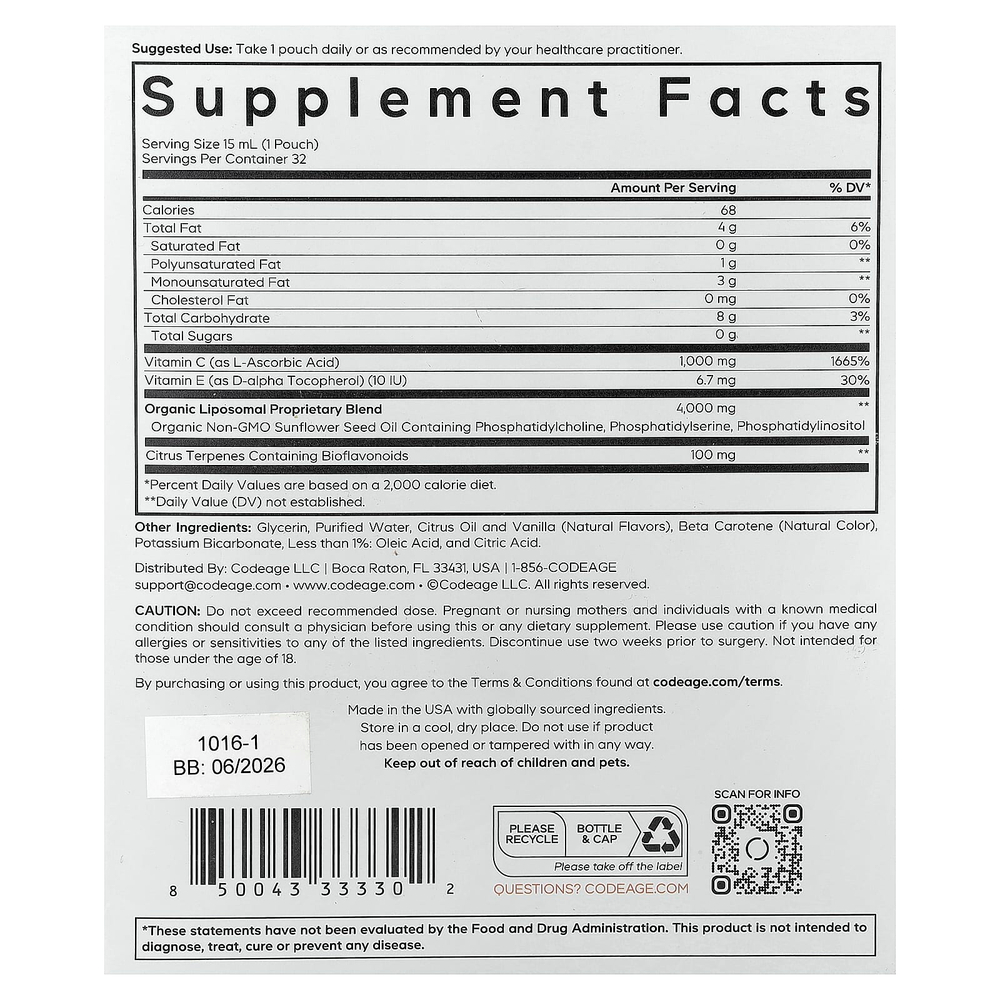 Codeage, Nanofood, липосомальный витамин C, цитрус и ваниль, 32 пауча по 15 мл (0,5 жидк. унции)
