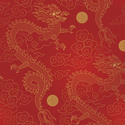 Китайские драконы среди облаков. Золотые драконы на красном фоне