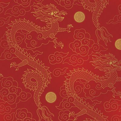 Китайские драконы среди облаков. Золотые драконы на красном фоне