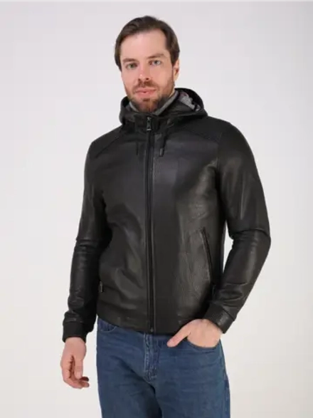 Кожаная куртка демисезонная натуральная с капюшоном