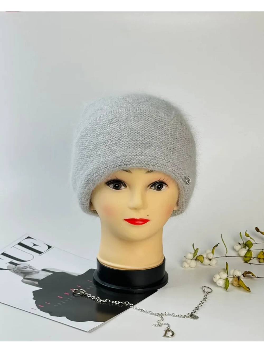 шапка зимняя вязаная ангора с пайетками