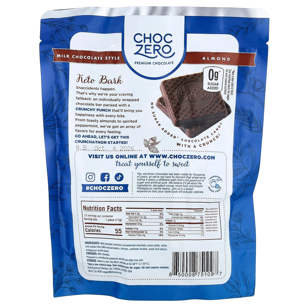 ChocZero, Keto Bark, молочный шоколад, миндаль, 15 мини-батончиков, 170 г (6 унций)