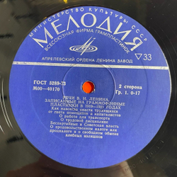 Винтажная виниловая пластинка LP В. И. Ленин Речи, Записанные На Граммофонные Пластинки В 1919 - 1920 Годах (СССР 1980)