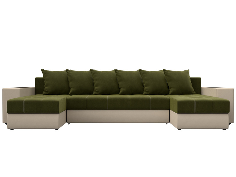 Диван П-образный Дубай полки справа, Зеленый\Бежевый, Микровельвет\Экокожа, 31511R