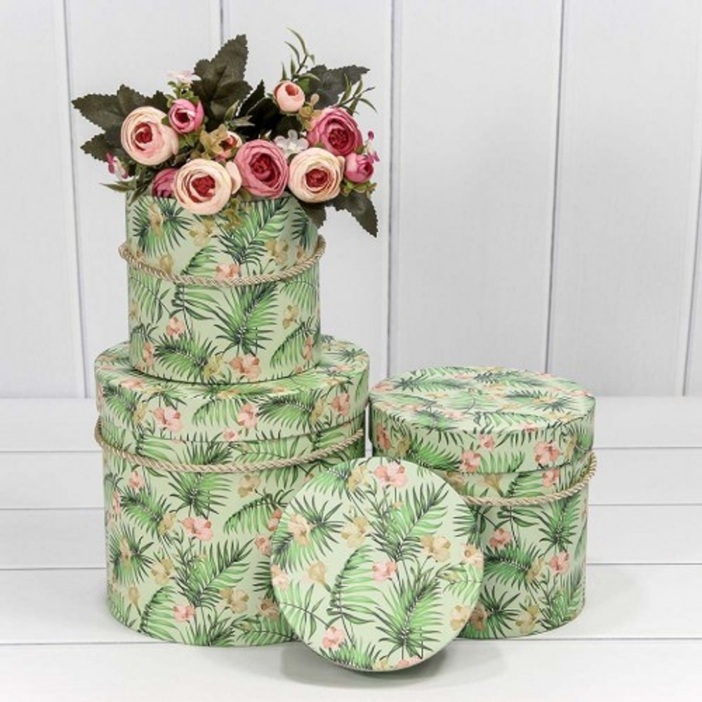 Коробка 18х17 см Набор 3 шт "Цветы на салатовом фоне" (Зеленый)