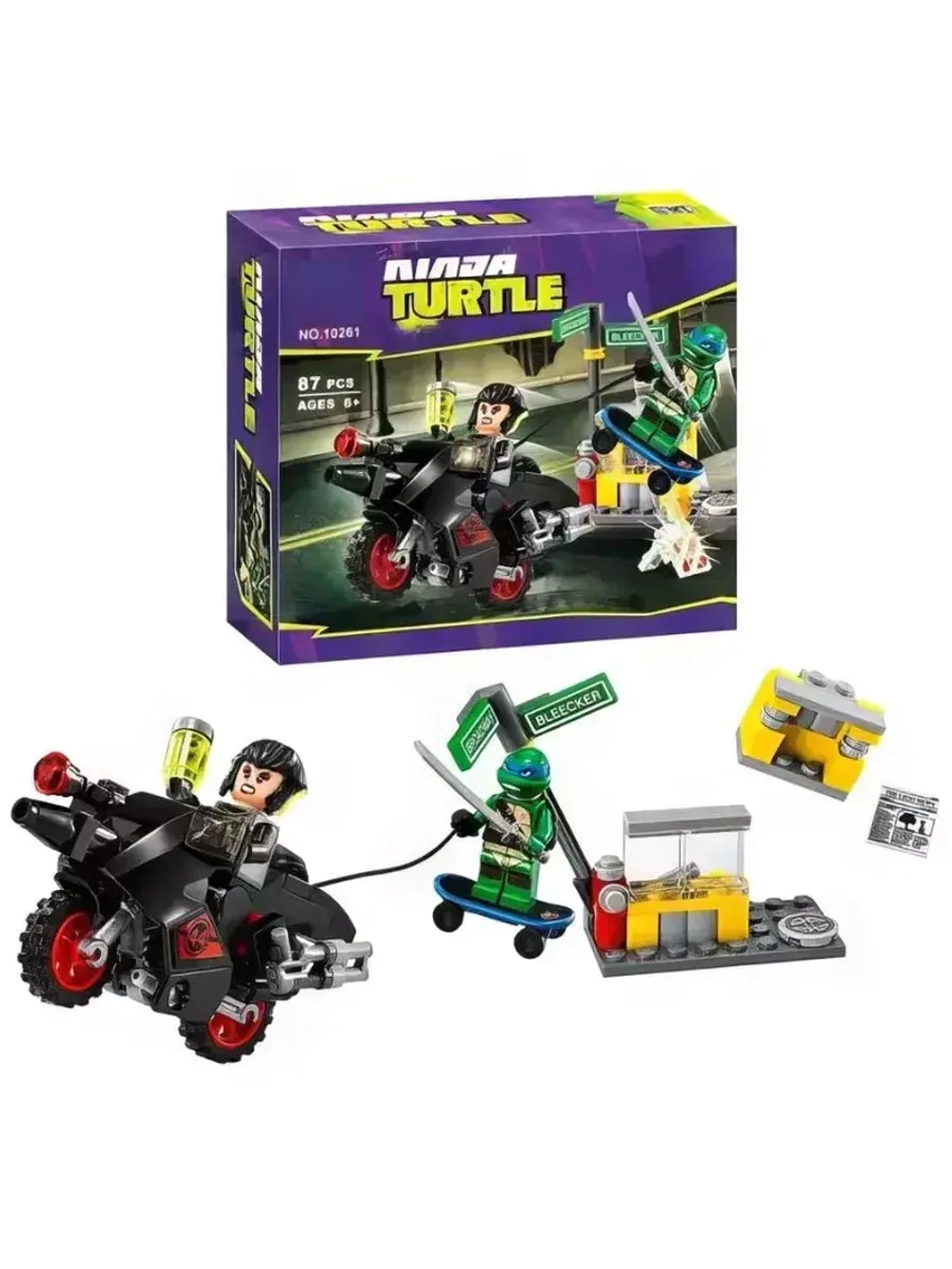 Конструктор Черепашки Побег Караи на мотоцикле 87 деталей