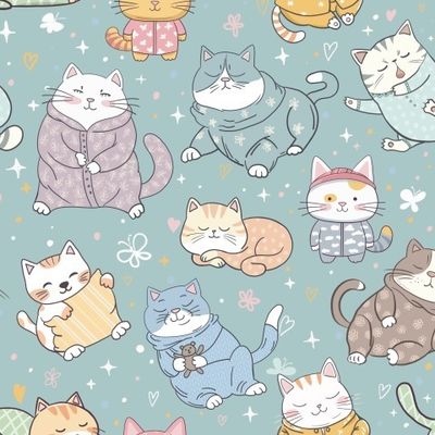 Милые котята в пижамах на голубом фоне