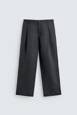 ZARA БРЮКИ ИЗ 100% ЛЬНА С ЗАЩИПАМИ, ИНДИГО