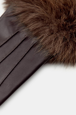 ZARA КОРОТКИЕ ПЕРЧАТКИ ИЗ ИСКУССТВЕННОЙ КОЖИ И МЕХА, КОРИЧНЕВЫЙ