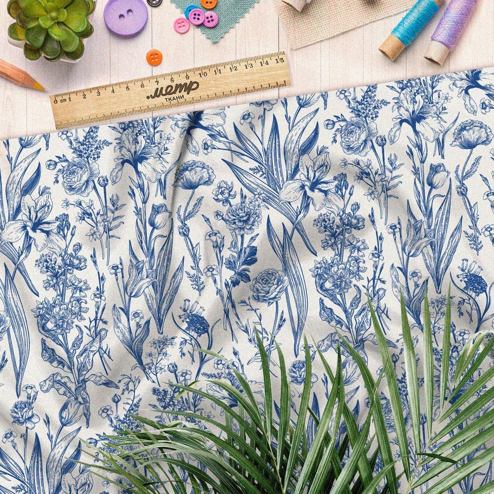 Ткань штапель цветы голубого и синего оттенка