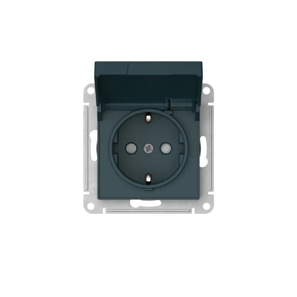 ATLASDESIGN РОЗЕТКА с заземлением со шторками с крышкой,16А,IP20, мех.,быстрозажим. клем., ИЗУМРУД