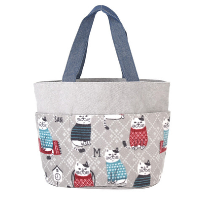 Женская сумка-тоут с нашивкой кота "NEKOZEGAWA", форма корзина/ведро, серый шелк, 24-7624-1, KUSUGURU