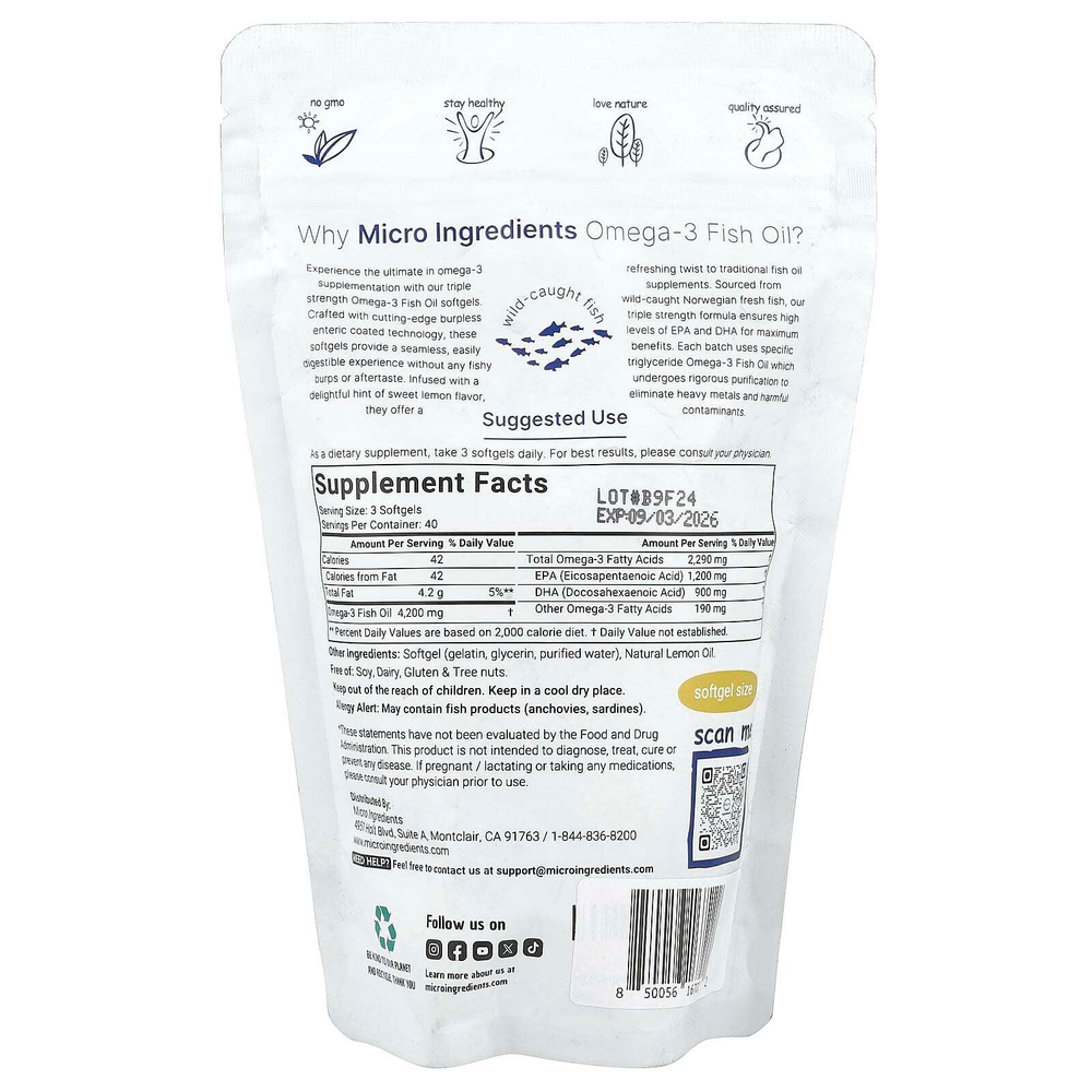 Micro Ingredients, омега-3, рыбий жир, тройная сила, лимон, 120 капсул (1400 мг в каждой)