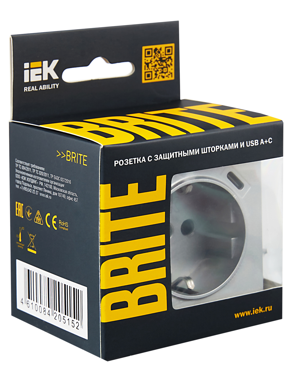BRITE Розетка 1-местная с заземлением с защитными шторками 16А с USB A+C 18Вт РЮш11-1-БрА алюминий IEK
