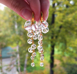 Серьги грозди длинные с натуральными камнями горный хрусталь