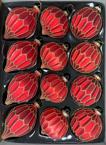 Набор стеклянных украшений Золотой узор 80 мм., 12 шт., красный, Christmas DeLuxe (86800)