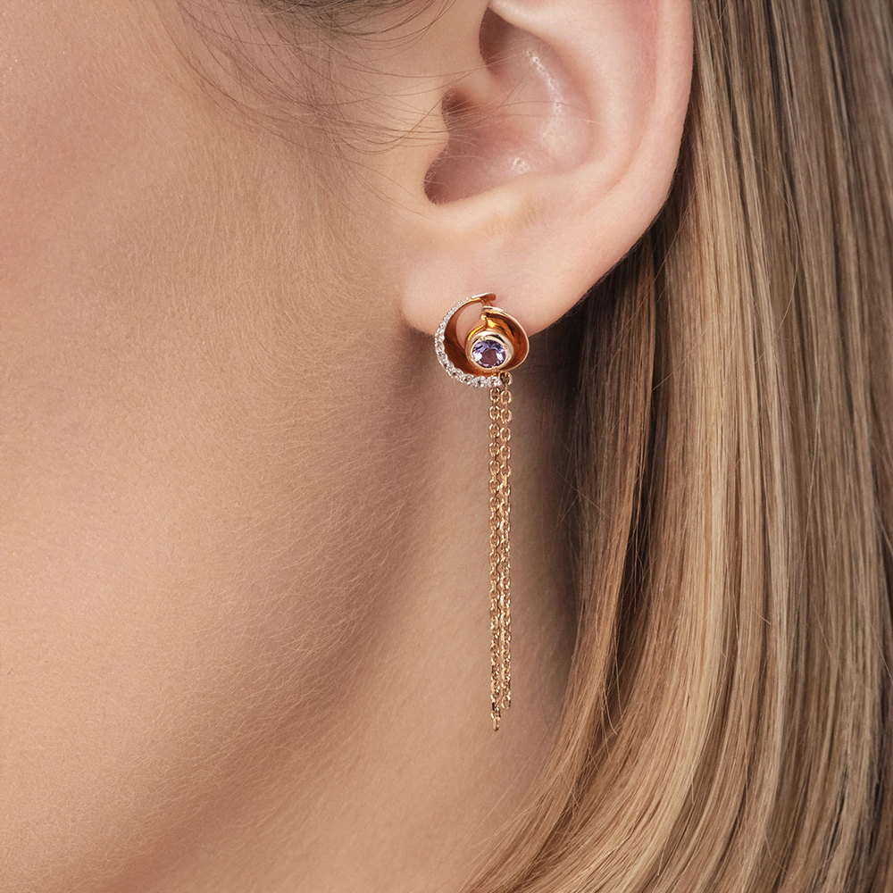 Серьги-пусеты «Парад планет» из красного золота с аметистом и натуральными топазами white