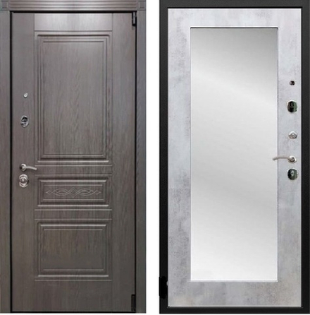 Входная металлическая дверь с зеркалом RеX (РЕКС) Премиум S Узор лиственница серая / Пастораль бетон светлый 16мм