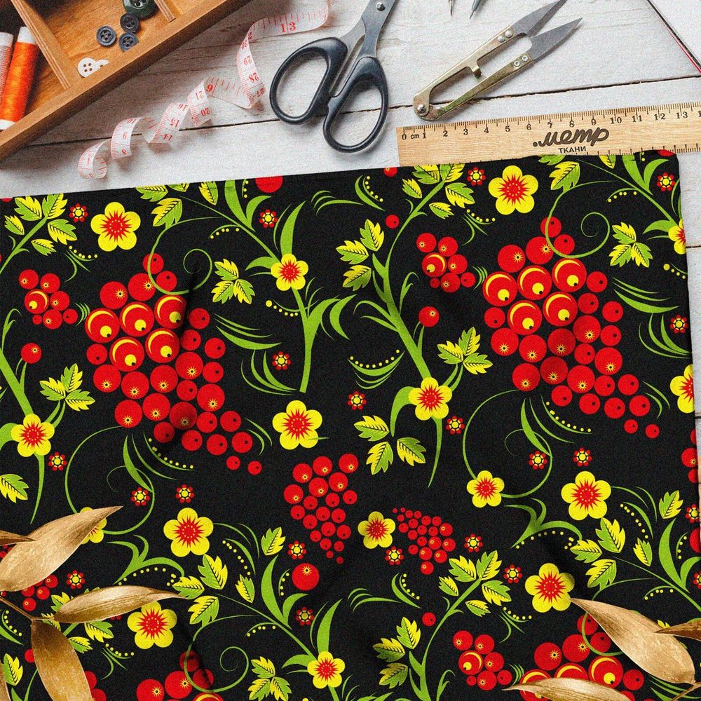 Ткань блэкаут русская роспись хохлома