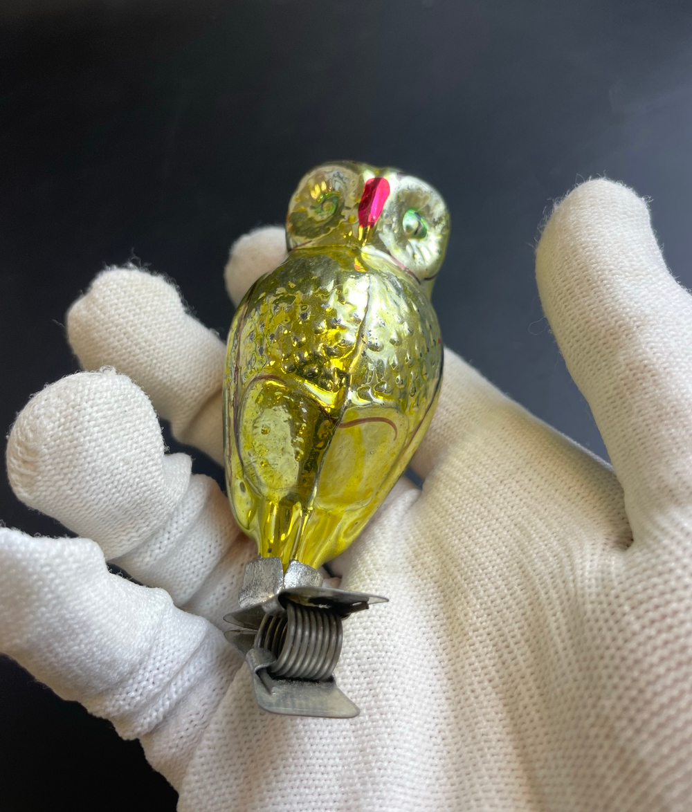 Ёлочная игрушка "Филин, сова" на прищепке, стекло, роспись, винтаж СССР 1950-1980 гг
