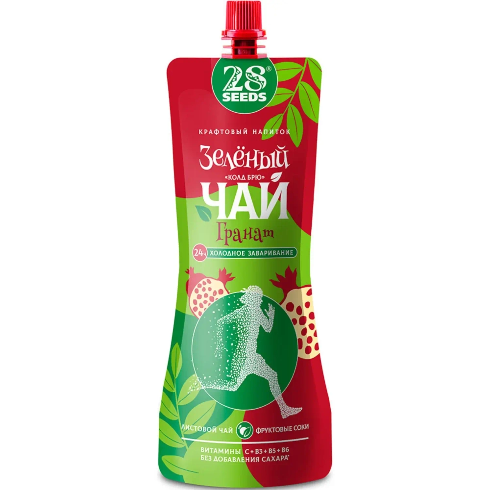 Зеленый чай «Колд брю» Гранат 28SEEDS, 250 мл, холодный чай в дой-паке, вид спереди
