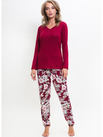 Домашний комплект с принтованными цветами брюками (Размер: L) (Цвет: бордовый)