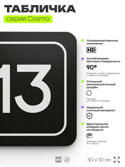 Таблички с номером аудитории "Аудитория №13", для офиса, 30 х 10 см, серия COSMO 3010, черная, Айдентика Технолоджи