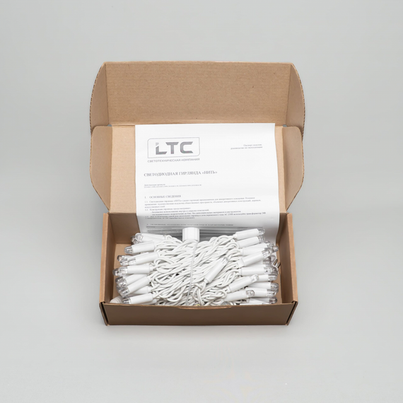 Светодиодная нить 10 м., 24 В, 100 LED, холодный белый, белый провод каучук, LTC (ECO100-8-1W)