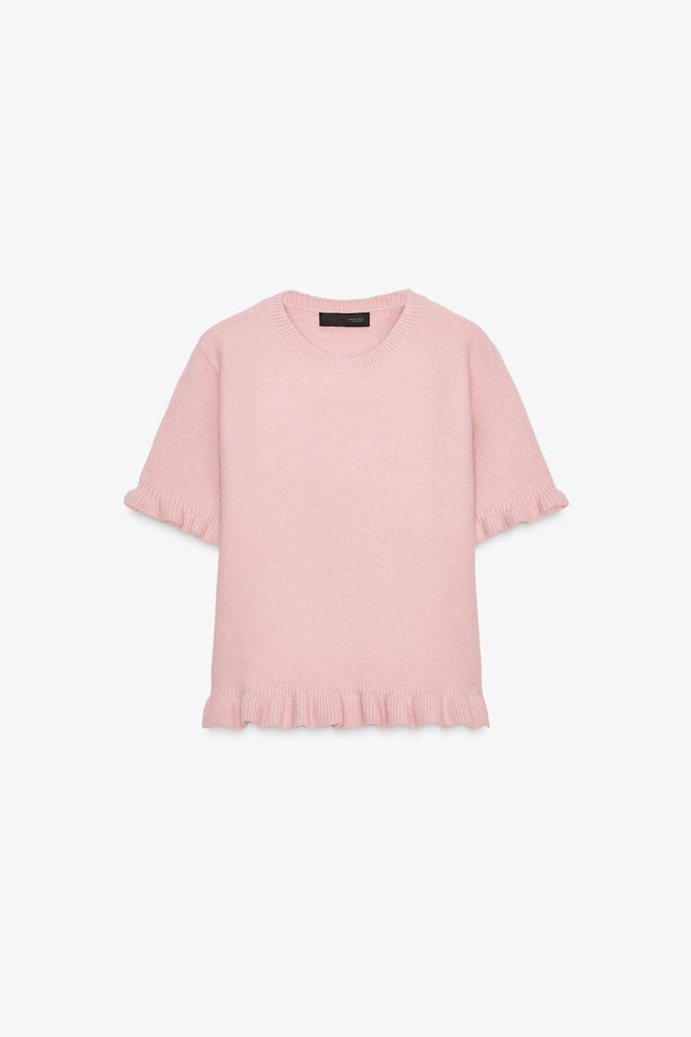 ZARA ТРИКОТАЖНЫЙ ДЖЕМПЕР С КОРОТКИМИ РУКАВАМИ И РЮШАМИ, ПАСТЕЛЬНО-РОЗОВЫЙ