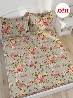 Простынь на резинке Сказка "Шиповник" 90х200 см , лён