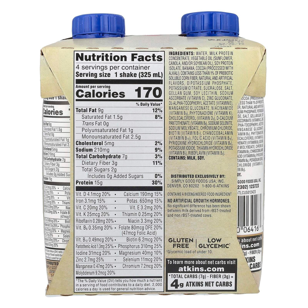 Atkins, Насыщенный протеином коктейль, шоколад и банан, 4 коктейля, 325 мл (11 жидк. унц.)