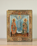 Никита и Дмитрий святые воины великомученики с Ангелом Хранителем. Деревянная икона на левкасе