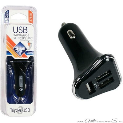 37848 Зарядное устройство NOVA BRIGHT, 3USB-порта,2100мА, LED индикатор ,12/24В, арт 37848