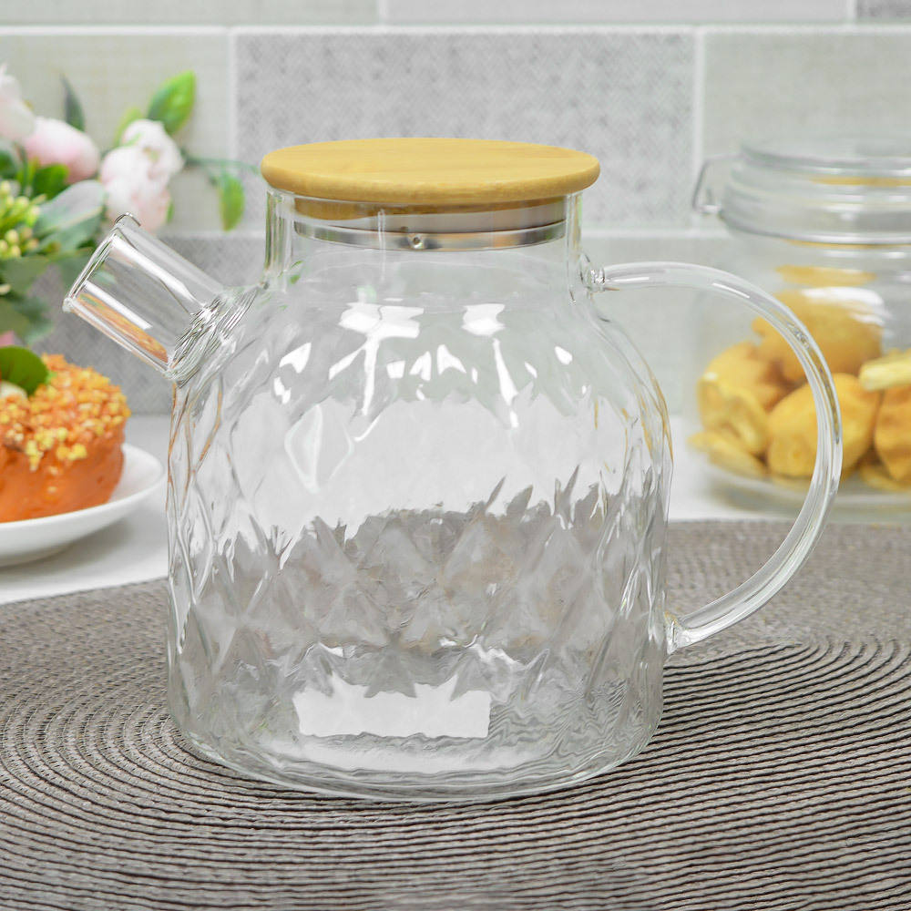 Чайник заварочный 1,8л стеклянный с бамбуковой крышкой, BZ-CH106