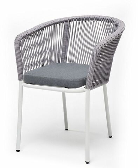 "Марсель" стул плетеный из роупа, каркас алюминий белый шагрень, роуп светло-серый круглый, ткань светло-серая