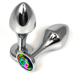 Серебристая анальная пробка на удлиненной ножке с радужным кристаллом - 9,5 см. (Цвет: разноцветный)