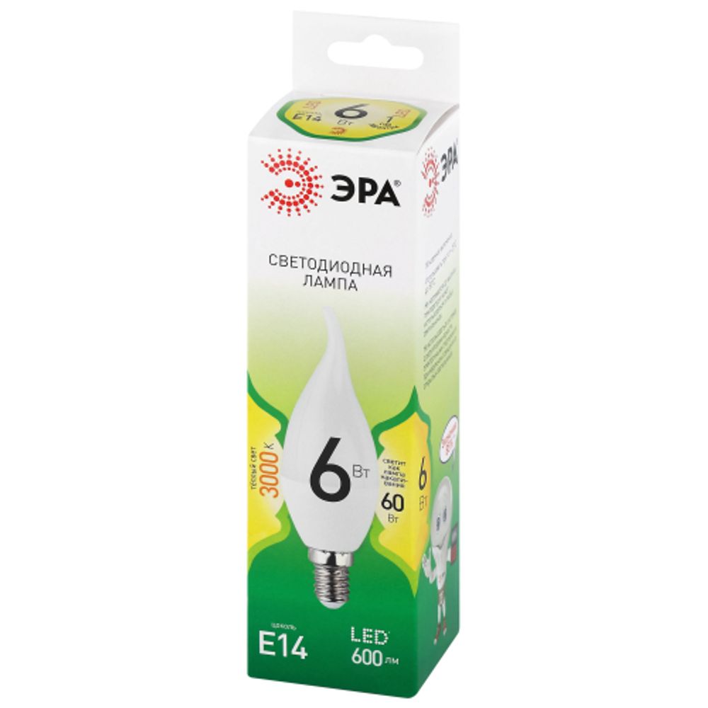 Лампа светодиодная ЭРА GREEN LINE LED BXS-6W-830-E14 GL 6Вт свеча на ветру теплый свет E14 | Лампы cветодиодные Свеча (B/C)