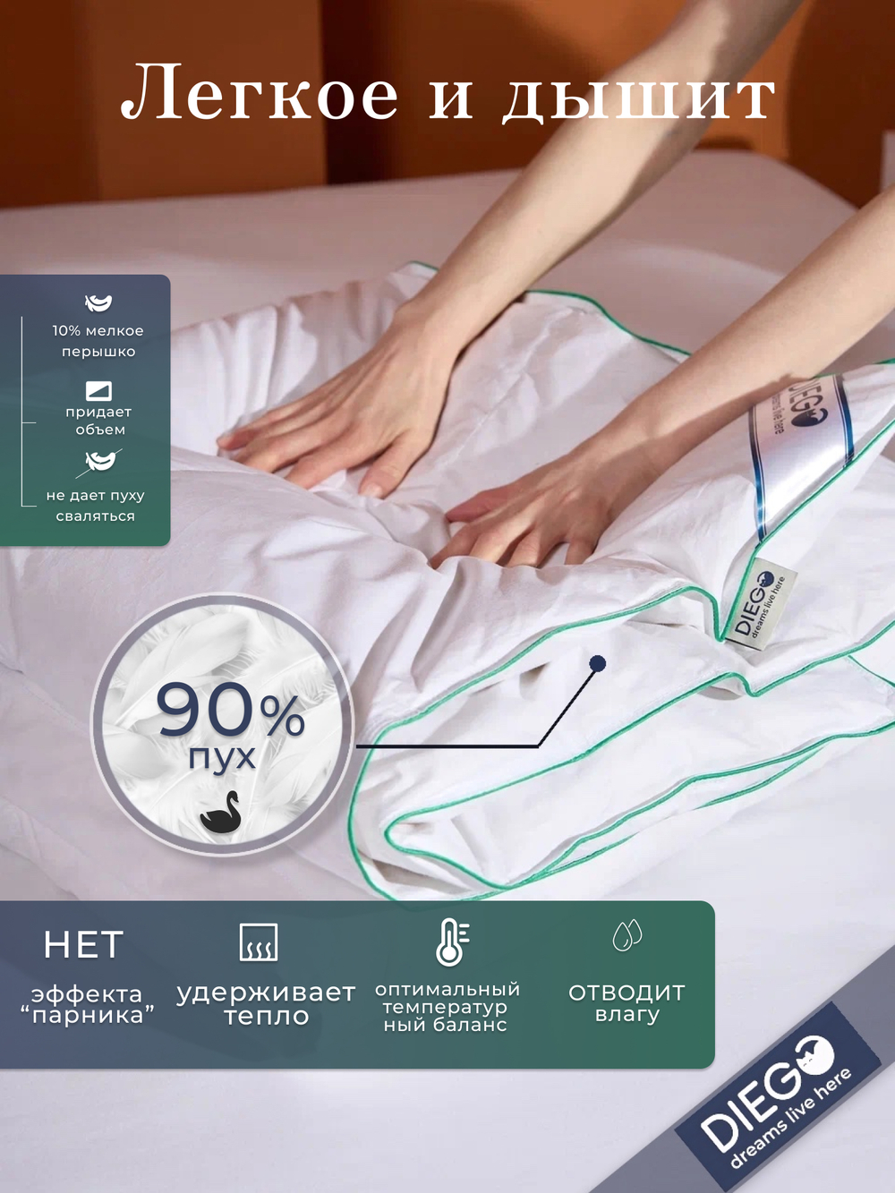 Одеяло пуховое лёгкое Летний сон Евро 200х200